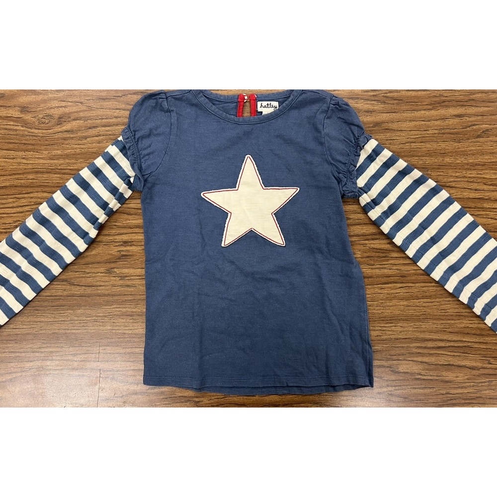 7 Hatley Girls top Star Blue White Stripes Sleeve - Picture 1 of 6